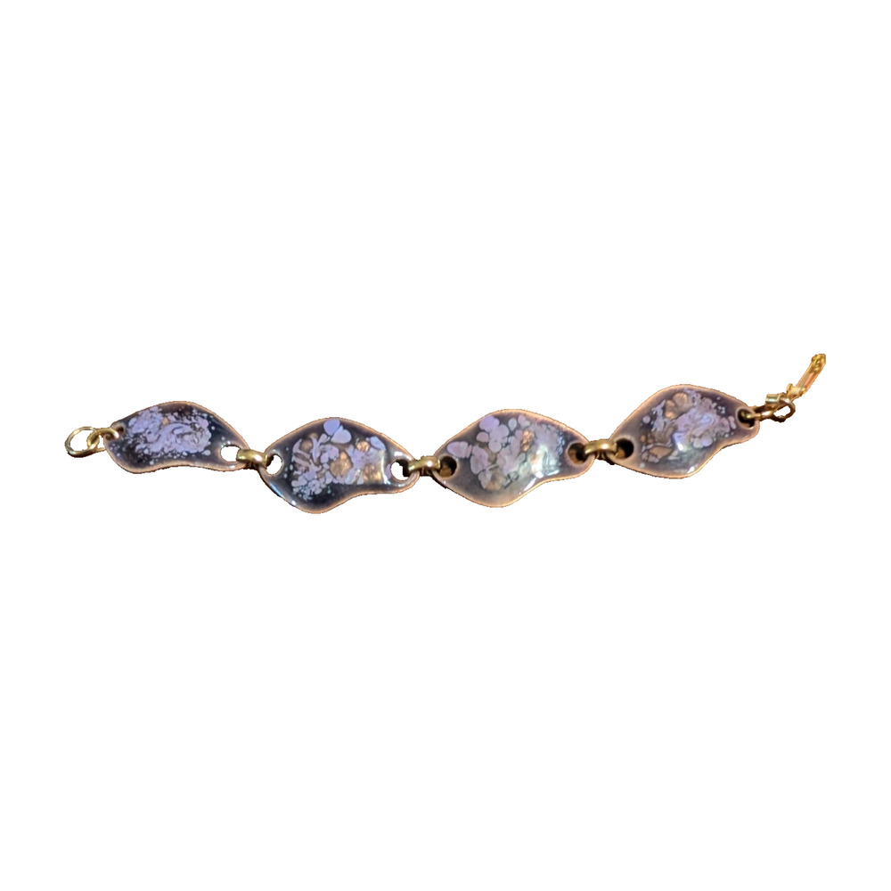 Vintage Copper‎ Enamel Link Purple Multicolor Artisan Bracelet 7"
